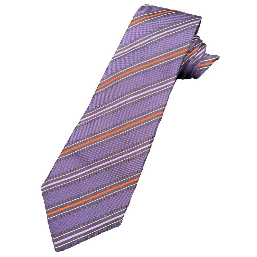 Seven 7 Fold Tie 100% Silk Purple Orange Strips Morigi Milano Made Italy 62" GUC